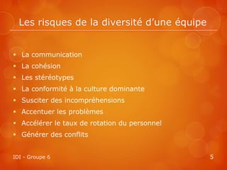 Les risques de la diversité d’une équipe


 La communication
 La cohésion
 Les stéréotypes
 La conformité à la culture dominante
 Susciter des incompréhensions
 Accentuer les problèmes
 Accélérer le taux de rotation du personnel
 Générer des conflits


IDI - Groupe 6                                 5
 