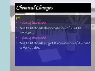 Chemical Changes
pH
• Falsely increased
• Due to bacterial decomposition of urea to
ammonia
• Falsely decreased
• Due to bacterial or yeast conversion of glucose
to form acids
 