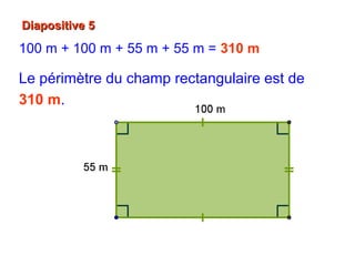 Diapositive 5Diapositive 5
100 m + 100 m + 55 m + 55 m = 310 m
Le périmètre du champ rectangulaire est de
310 m.
 