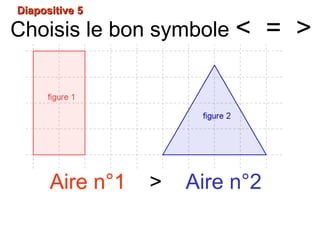 Diapositive 5Diapositive 5
Choisis le bon symbole < = >
Aire n°1 > Aire n°2
