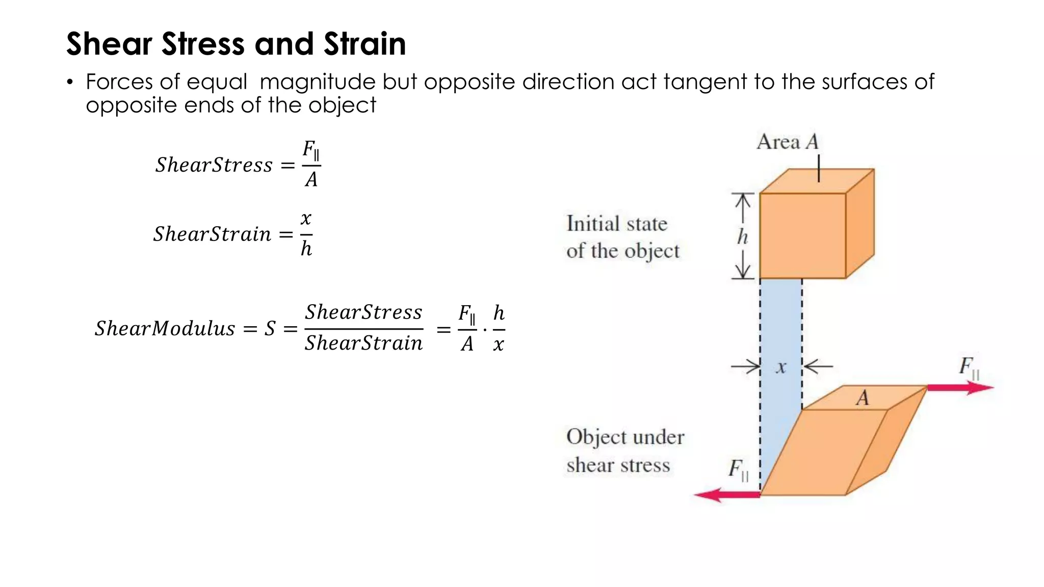 Shear Stress and Strain
• Forces of equal magnitude but opposite direction act tangent to the surfaces of
opposite ends of the object
𝑆ℎ𝑒𝑎𝑟𝑆𝑡𝑟𝑒𝑠𝑠 =
𝐹∥
𝐴
𝑆ℎ𝑒𝑎𝑟𝑆𝑡𝑟𝑎𝑖𝑛 =
𝑥
ℎ
𝑆ℎ𝑒𝑎𝑟𝑀𝑜𝑑𝑢𝑙𝑢𝑠 = 𝑆 =
𝑆ℎ𝑒𝑎𝑟𝑆𝑡𝑟𝑒𝑠𝑠
𝑆ℎ𝑒𝑎𝑟𝑆𝑡𝑟𝑎𝑖𝑛
=
𝐹∥
𝐴
⋅
ℎ
𝑥
 