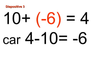 10+ (-6) = 4
car 4-10= -6
Diapositive 3Diapositive 3
