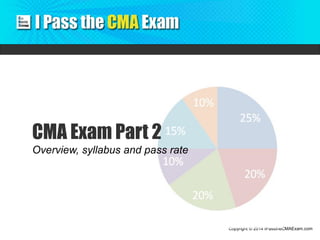 Copyright © 2014 IPasstheCMAExam.com 
CMA Exam Part 2 
Overview, syllabus and pass rate 
 