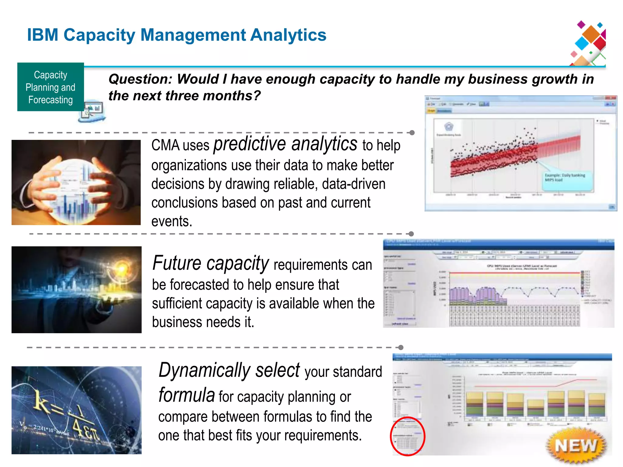 IBM Capacity Management Analytics
Dynamically select your standard
formula for capacity planning or
compare between formulas to find the
one that best fits your requirements.
CMA uses predictive analytics to help
organizations use their data to make better
decisions by drawing reliable, data-driven
conclusions based on past and current
events.
Future capacity requirements can
be forecasted to help ensure that
sufficient capacity is available when the
business needs it.
Capacity
Planning and
Forecasting
Question: Would I have enough capacity to handle my business growth in
the next three months?
 