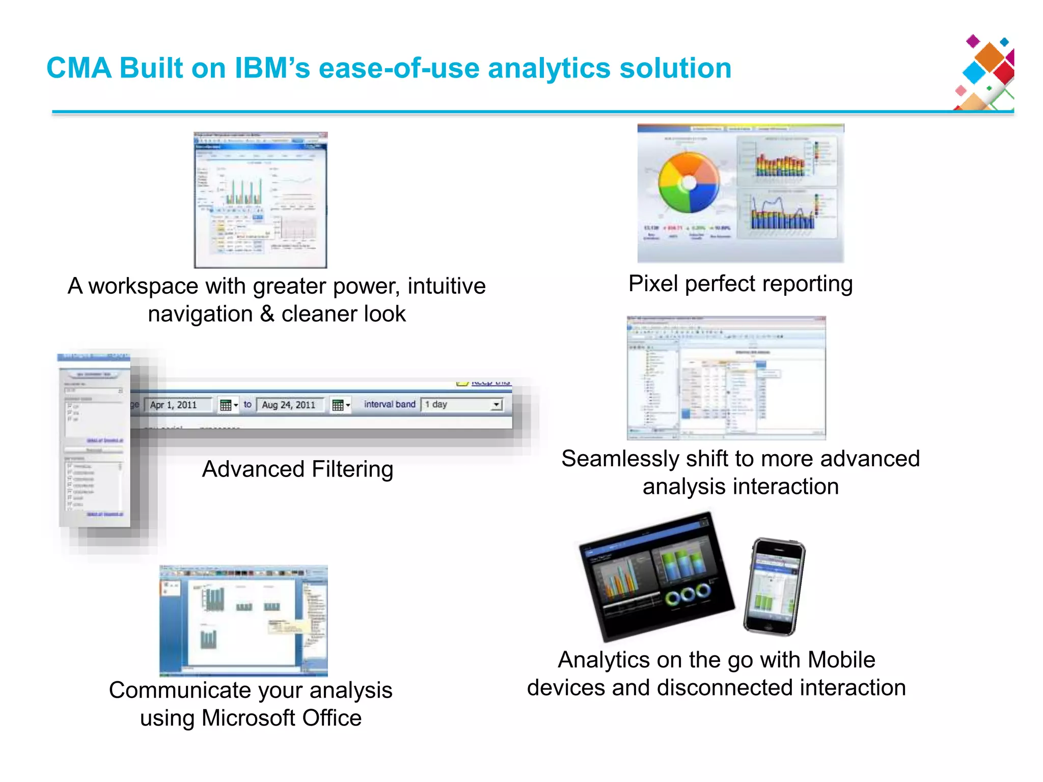 CMA Built on IBM’s ease-of-use analytics solution
Pixel perfect reportingA workspace with greater power, intuitive
navigation &amp; cleaner look
Seamlessly shift to more advanced
analysis interaction
Communicate your analysis
using Microsoft Office
Analytics on the go with Mobile
devices and disconnected interaction
Advanced Filtering
 