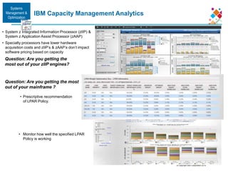 © Copyright IBM Corporation 2015
• System z Integrated Information Processor (zIIP) &
System z Application Assist Processor (zAAP)
• Specialty processors have lower hardware
acquisition costs and zIIP’s & zAAP’s don’t impact
software pricing based on capacity
Systems
Management &
Optimization
Question: Are you getting the
most out of your zIIP engines?
IBM Capacity Management Analytics
• Prescriptive recommendation
of LPAR Policy.
• Monitor how well the specified LPAR
Policy is working
Question: Are you getting the most
out of your mainframe ?
 