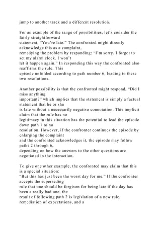 jump to another track and a different resolution.
For an example of the range of possibilities, let’s consider the
fairly straightforward
statement, “You’re late.” The confronted might directly
acknowledge this as a complaint,
remedying the problem by responding: “I’m sorry. I forgot to
set my alarm clock. I won’t
let it happen again.” In responding this way the confronted also
reaffirms the rule. This
episode unfolded according to path number 6, leading to these
two resolutions.
Another possibility is that the confronted might respond, “Did I
miss anything
important?” which implies that the statement is simply a factual
statement that he or she
is late without a necessarily negative connotation. This implicit
claim that the rule has no
legitimacy in this situation has the potential to lead the episode
down path 1 to no
resolution. However, if the confronter continues the episode by
enlarging the complaint
and the confronted acknowledges it, the episode may follow
paths 2 through 6,
depending on how the answers to the other questions are
negotiated in the interaction.
To give one other example, the confronted may claim that this
is a special situation:
“But this has just been the worst day for me.” If the confronter
accepts the superseding
rule that one should be forgiven for being late if the day has
been a really bad one, the
result of following path 2 is legislation of a new rule,
remediation of expectations, and a
 
