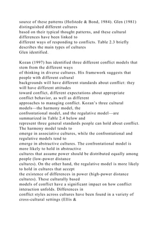 source of these patterns (Hofstede & Bond, 1984). Glen (1981)
distinguished different cultures
based on their typical thought patterns, and these cultural
differences have been linked to
different ways of responding to conflicts. Table 2.3 briefly
describes the main types of cultures
Glen identified.
Kozan (1997) has identified three different conflict models that
stem from the different ways
of thinking in diverse cultures. His framework suggests that
people with different cultural
backgrounds will have different standards about conflict: they
will have different attitudes
toward conflict, different expectations about appropriate
conflict behavior, as well as different
approaches to managing conflict. Kozan’s three cultural
models—the harmony model, the
confrontational model, and the regulative model—are
summarized in Table 2.4 below and
represent three general standards people can hold about conflict.
The harmony model tends to
emerge in associative cultures, while the confrontational and
regulative models tend to
emerge in abstractive cultures. The confrontational model is
more likely to hold in abstractive
cultures that assume power should be distributed equally among
people (low-power distance
cultures). On the other hand, the regulative model is more likely
to hold in cultures that accept
the existence of differences in power (high-power distance
cultures). These culturally based
models of conflict have a significant impact on how conflict
interaction unfolds. Differences in
conflict styles across cultures have been found in a variety of
cross-cultural settings (Ellis &
 