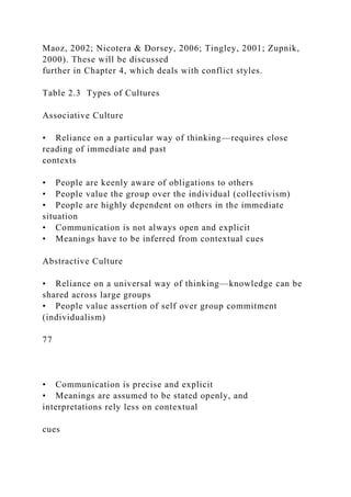 Maoz, 2002; Nicotera & Dorsey, 2006; Tingley, 2001; Zupnik,
2000). These will be discussed
further in Chapter 4, which deals with conflict styles.
Table 2.3 Types of Cultures
Associative Culture
• Reliance on a particular way of thinking—requires close
reading of immediate and past
contexts
• People are keenly aware of obligations to others
• People value the group over the individual (collectivism)
• People are highly dependent on others in the immediate
situation
• Communication is not always open and explicit
• Meanings have to be inferred from contextual cues
Abstractive Culture
• Reliance on a universal way of thinking—knowledge can be
shared across large groups
• People value assertion of self over group commitment
(individualism)
77
• Communication is precise and explicit
• Meanings are assumed to be stated openly, and
interpretations rely less on contextual
cues
 