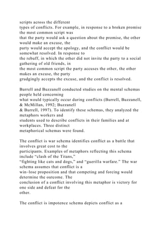 scripts across the different
types of conflicts. For example, in response to a broken promise
the most common script was
that the party would ask a question about the promise, the other
would make an excuse, the
party would accept the apology, and the conflict would be
somewhat resolved. In response to
the rebuff, in which the other did not invite the party to a social
gathering of old friends, in
the most common script the party accuses the other, the other
makes an excuse, the party
grudgingly accepts the excuse, and the conflict is resolved.
Burrell and Buzzanell conducted studies on the mental schemas
people held concerning
what would typically occur during conflicts (Burrell, Buzzanell,
& McMillan, 1992; Buzzanell
& Burrell, 1997). To identify these schemas, they analyzed the
metaphors workers and
students used to describe conflicts in their families and at
workplaces. Three distinct
metaphorical schemas were found.
The conflict is war schema identifies conflict as a battle that
involves great cost to the
participants. Examples of metaphors reflecting this schema
include “clash of the Titans,”
“fighting like cats and dogs,” and “guerilla warfare.” The war
schema assumes that conflict is a
win–lose proposition and that competing and forcing would
determine the outcome. The
conclusion of a conflict involving this metaphor is victory for
one side and defeat for the
other.
The conflict is impotence schema depicts conflict as a
 