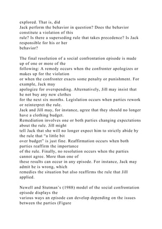 explored. That is, did
Jack perform the behavior in question? Does the behavior
constitute a violation of this
rule? Is there a superseding rule that takes precedence? Is Jack
responsible for his or her
behavior?
The final resolution of a social confrontation episode is made
up of one or more of the
following: A remedy occurs when the confronter apologizes or
makes up for the violation
or when the confronter exacts some penalty or punishment. For
example, Jack may
apologize for overspending. Alternatively, Jill may insist that
he not buy any new clothes
for the next six months. Legislation occurs when parties rework
or reinterpret the rule.
Jack and Jill may, for instance, agree that they should no longer
have a clothing budget.
Remediation involves one or both parties changing expectations
about the rule. Jill might
tell Jack that she will no longer expect him to strictly abide by
the rule that “a little bit
over budget” is just fine. Reaffirmation occurs when both
parties reaffirm the importance
of the rule. Finally, no resolution occurs when the parties
cannot agree. More than one of
these results can occur in any episode. For instance, Jack may
admit he is wrong, which
remedies the situation but also reaffirms the rule that Jill
applied.
Newell and Stutman’s (1988) model of the social confrontation
episode displays the
various ways an episode can develop depending on the issues
between the parties (Figure
 