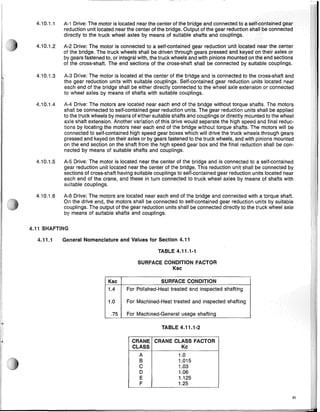 4.10.1.1 A-1 Drive: The motor is located near the center of the bridge and connected to
reduction unit located near the center of the bridge. Output of the gear reduction
directly to the truck wheel axles by means of suitable shafts and couplings.
4.10.1.2 A-2 Drive: The motor is connected to a self-contained gear reduction unit located near the center
of the bridge. The truck wheels shall be driven through gears pressed and keyed on their axles or
by gears fastened to, or integral with, the truck wheels and with pinions mounted on the end sections
of the cross-shaft. The end sections of the cross-shaft shall be connected by suitable couplings.
4.10.1.3 A-3 Drive: The motor is located at the center of the bridge and is connected to the cross-shaft and
the gear reduction units with suitable couplings. Self-contained gear reduction units located near
each end of the bridge shall be either directly connected to the wheel axle extension or connected
to wheel axles by means of shafts with suitable couplings.
4.10.1.4 A-4 Drive: The motors are located near each end of the bridge without torque shafts. The motors
shall be connected to self-contained gear reduction units. The gear reduction units shall be applied
to the truck wheels by means of either suitable shafts and couplings or directly mounted to the wheel
axle shaft extension. Another variation of this drive would separate the high speed and final reduc-
tions by locating the motors near each end of the bridge without torque shafts. The motors will be
connected to self-contained high speed gear boxes which will drive the truck wheels through gears
pressed and keyed on their axles or by gears fastened to the truck wheels, and with pinions mounted
on the end section on the shaft from the high speed gear box and the final reduction shall be con-
nected by means of suitable shafts and couplings.
4.10.1.5 A-5 Drive: The motor is located near the center of the bridge and is connected to a self-contained
gear reduction unit located near the center of the bridge. This reduction unit shall be connected by
sections of cross-shaft having suitable couplings to self-contained gear reduction units located near
each end of the crane, and these in turn connected to truck wheel axles by means of shafts with
suitable couplings.
4.10.1.6 A-6 Drive: The motors are located near each end of the bridge and connected with a torque shaft.
On the drive end, the motors shall be connected to self-contained gear reduction units by suitable
couplings. The output of the gear reduction units shall be connected directly to the truck wheel axle
by means of suitable shafts and couplings.
4.11 SHAFTING
4.11.1 General Nomenclature and Values for Section 4.11
TABLE 4.11.1-1
SURFACE CONDITION FACTOR
Ksc
Ksc SURFACE CONDITION
1.4 For Polished-Heat treated and inspected shafting
1.0 For Machined-Heat treated and inspected shafting
.75 For Machined-General usage shafting
TABLE 4.11.1-2
CRANE CRANE CLASS FACTOR
CLASS Kc
A 1.0
B 1.015
C 1.03
D 1.06
E 1.125
F 1.25
41
 