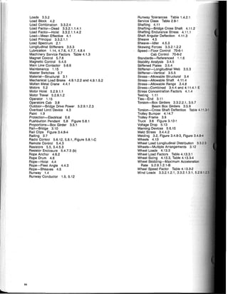 84
Loads 3.3.2
Load Block 4.2
Load Combination 3.3.2.4
Load Factor-Dead 3.3.2.1.1.4.1
Load Factor-Hoist 3.3.2.1.1.4.2
Load-Mean Effective 4.1
Load Principal 3.3.2.1.1
Load Spectrum 2.1
Longitudinal Stiffeners 3.5.3
Lubrication 1.14,4.7.6,4.7.7,4.8.4
Machinery Service Factors Table 4.1.3
Magnet Control 5.7.6
Magnetic Control 5.4.5
Main Line Contactor 5.6.6
Maintenance 1.15
Master Switches 5.7
Material-Structural 3.1
Mechanical Load Brake 4.9.1.2.2 and 4.9.1.5.2
Molten Metal Crane 4.4.1
Motors 5.2
Motor Hoist 5.2.9.1.1
Motor Travel 5.2.9.1.2
Operator 1.15
Operators Cab 3.8
Outdoor-Bridge Drive Power 5.2.9.1.2.3
Overload Limit Device 4.3
Paint 1.9
Protection-Electrical 5.6
Pushbutton Pendant 5.8 Figure 5.8.1
Proportions-Box Girder 3.5.1
Rail-Bridge 3.10
Rail Clips Figure 3.4.8-4
Railing 3.7
Radio Control 5.6.12, 5.8.1, Figure 5.8.1-C
Remote Control 5.4.3
Resistors 5.5, 5.4.5.3
Resistor Enclosure 5.4.7.3 (b)
Rope Anchor 4.6.2
Rope Drum 4.6
Rope-Hoist 4.4
Rope-Fleet Angle 4.4.3
Rope-Sheaves 4.5
Runway 1.4
Runway Conductor 1.5, 5.12
Runway Tolerances Table 1.4.2.1
Service Class Table 2.8-1
Shafting 4.11
Shafting-Bridge Cross Shaft 4.11.2
Shafting Endurance Stress 4.11.1
Shaft Angular Deflection 4.11.3
Sheave 4.5
Sheave-Idler 4.5.3
Skewing Forces 3.3.2.1.2.2
Speed-Floor Control 70-6-1
Cab Control 70-6-2
Standards-Referenced 1.1.6
Stability Analysis 3.4.5
Stiffened Plates 3.5.4
Stiffener-Longitudinal Web 3.5.3
Stiffener-Vertical 3.5.5
Stress-Allowable Structural 3.4
Stress-Allowable Shaft 4.11.4
Stress-Allowable Range 3.4.8
Stress-Combined 3.4.4 and 4.11
Stress Concentration Factors 4.1.4
Testing 1.11
Ties-End 3.11
Torsion-Box Girders 3.3.2.2.1,
Beam Box Girders 3.5.9
Torsion-Cross Shaft Deflection
Trolley Bumper 4.14.7
Trolley Frame 3.9
Truck 3.6 Figure 3.12-1
Voltage Drop 5.13
Warning Devices 5.6.15
Weld Stress 3.4.4.2
Welding 3.2, Figure 3.4.8-3,
Wheels 4.13
Wheel Load Longitudinal
Wheels-Multiple Arrangements
Wheel Loads 4.13.3
Wheel Load Factors Table 4.13.3.1
Wheel Sizing 4.13.3, Table
Wheel Skidding-Maximum Accelera,tidl
Rate 5.2.9.1.2.1-B
Wheel Speed Factor Table 4.13.3-2
Wind Loads 3.3.2.1.2.1, 3.3.2.1.3.1,
 