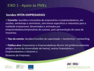 EIXO 1 - Apoio às PMEs

Sessões INTER-EMPRESARIAIS
▪ Conceito: reuniões e encontros de empresários e empreendedores, em
sessões, workshops e seminários, com temas específicos e relevantes para a
realidade empresarial, dinamizados e animados por
empreendedores/empresários de sucesso, pela apresentação de casos de
insucesso;

▪ Tipo de evento: Sessões/reuniões de capacitação + mentorship + networking;

▪ Público-alvo: Empresários e Empreendedores Alumni UA (preferencialmente
antigos alunos da Universidade de Aveiro), outros Empresários e
Empreendedores e Gestores e
Diretores de Empresas;
 