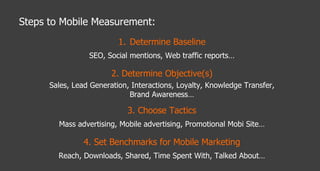 Steps to Mobile Measurement: Determine Baseline SEO, Social mentions, Web traffic reports… 2. Determine Objective(s) Sales, Lead Generation, Interactions, Loyalty, Knowledge Transfer, Brand Awareness… 3. Choose Tactics Mass advertising, Mobile advertising, Promotional Mobi Site… 4. Set Benchmarks for Mobile Marketing Reach, Downloads, Shared, Time Spent With, Talked About… 