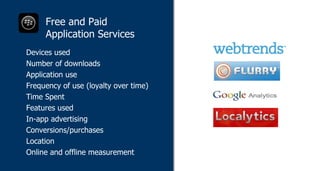 Free and Paid  Application Services Devices used Number of downloads Application use Frequency of use (loyalty over time) Time Spent Features used  In-app advertising Conversions/purchases Location Online and offline measurement 