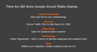 There Are Still Some Caveats Around Mobile Analysis Lack of standards Each tool has its own methodology Sources Carrier Traffic (3G) Vs Site Data (incl. Wifi) Objectivity Open Vs Closed analytics systems Technology Hyper fragmented – both in terms of devices-supported and analytics tools Silos Mobile is an integrator; mobile analytics tools are not 