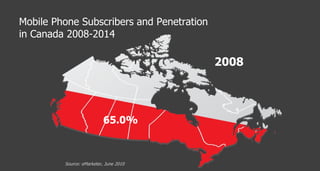 Mobile Phone Subscribers and Penetration  in Canada 2008-2014 65.0% 2008 Source: eMarketer, June 2010 