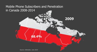 Mobile Phone Subscribers and Penetration  in Canada 2008-2014 68.4% 2009 Source: eMarketer, June 2010 