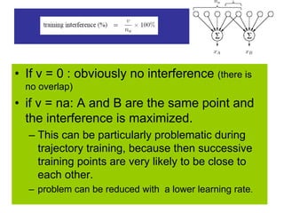 • If v = 0 : obviously no interference (there is
no overlap)
• if v = na: A and B are the same point and
the interference is maximized.
– This can be particularly problematic during
trajectory training, because then successive
training points are very likely to be close to
each other.
– problem can be reduced with a lower learning rate.
 