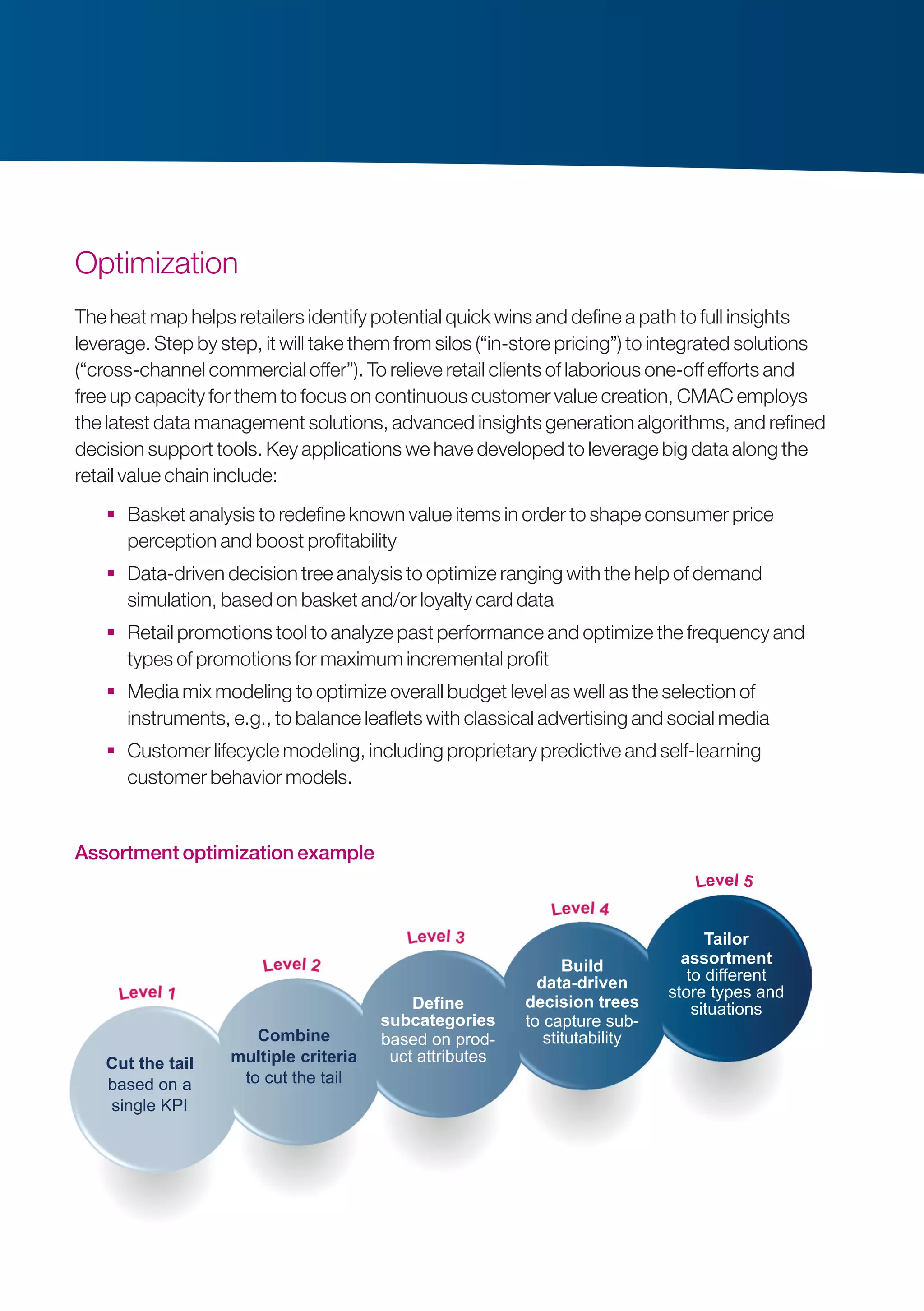 Optimization
The heat map helps retailers identify potential quick wins and define a path to full insights
leverage. Step by step, it will take them from silos (“in-store pricing”) to integrated solutions
(“cross-channel commercial offer”). To relieve retail clients of laborious one-off efforts and
free up capacity for them to focus on continuous customer value creation, CMAC employs
the latest data management solutions, advanced insights generation algorithms, and refined
decision support tools. Key applications we have developed to leverage big data along the
retail value chain include:
 Basket analysis to redefine known value items in order to shape consumer price
perception and boost profitability
 Data-driven decision tree analysis to optimize ranging with the help of demand
simulation, based on basket and/or loyalty card data
 Retail promotions tool to analyze past performance and optimize the frequency and
types of promotions for maximum incremental profit
 Media mix modeling to optimize overall budget level as well as the selection of
instruments, e.g., to balance leaflets with classical advertising and social media
 Customer lifecycle modeling, including proprietary predictive and self-learning
customer behavior models.
Assortment optimization example
Cut the tail
based on a
single KPI
Combine
multiple criteria
to cut the tail
Define
subcategories
based on prod-
uct attributes
Build
data-driven
decision trees
to capture sub-
stitutability
Tailor
assortment
to different
store types and
situations
124 x 64
Assortment optimization example
 