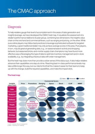 Diagnosis
To help retailers gauge their level of accomplishment in the areas of data generation and
insights leverage, we have developed the CMAC heat map. It visualizes the assessment of a
retailer’s performance relative to its peer group, combining two dimensions: the insights value
chain on the one hand and commercial levers, such as ranging and pricing, on the other. While
pure online players may follow best practices to leverage sophisticated software for targeted
marketing, a given traditional retailer may only achieve average scores in this area. Pure players,
in turn, may be great at generating data, e.g., on seasonal search activity and shopping
behavior, but seasoned bricks-and-mortar supply chain champions may have found more
effective ways of leveraging this type of data to optimize inventory management and in-store
availability, e.g., by integrating checkout data with order management.
But the heat map does more than provide a sober sense of the status quo. It also helps retailers
advance their capabilities one step at a time. Reaching best-in-class performance levels may
take a little longer this way, but our clients find that this makes it easier for their teams to keep
up with the change, build the required capabilities, and make the impact stick.
The heatmap
Basic Advanced Excellent
Insights
value chain
Commercial levers
Price Promotions Ranging Space Stock CLM1 MMM2
Decisions
124 x 73
Data
Analytics
Software
People
Processes
Strategy
CLM1
activities
aligned with
social media?
Pricing
and promotions
teams familiar
with relevant
tools?
Cross-
channel data
used for
ranging
decisions?
1 CLM = customer lifecycle management
2 MMM = marketing mix modeling
The CMAC approach
The heat map
 