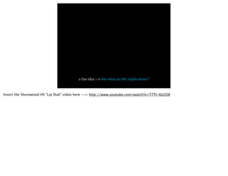 a fun idea --> but what are the implications?


Insert the Shorewood HS “Lip Dub” video here --> http://www.youtube.com/watch?v=T7TI-AJi2O8
 
