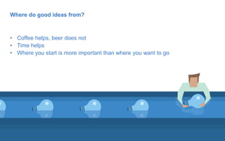 Where do good ideas from?
• Coffee helps, beer does not
• Time helps
• Where you start is more important than where you want to go
 