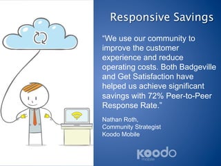 Responsive Savings
“We use our community to
improve the customer
experience and reduce
operating costs. Both Badgeville
and Get Satisfaction have
helped us achieve significant
savings with 72% Peer-to-Peer
Response Rate.”
Nathan Roth,
Community Strategist
Koodo Mobile
 
