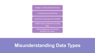 Misunderstanding Data Types
Integer vs. float precision issues.
Confusing char and string.
Using the wrong type for variables.
Implicit type conversions causing
bugs.
Mismanagement of memory
allocation for types.
 
