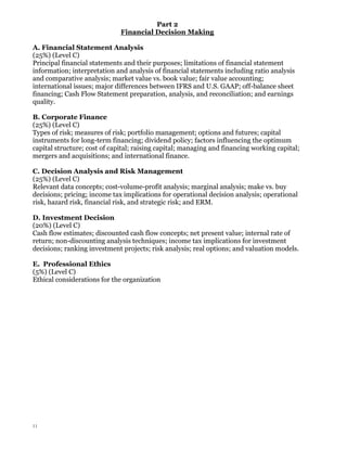 Part 2
Financial Decision Making
A. Financial Statement Analysis
(25%) (Level C)
Principal financial statements and their purposes; limitations of financial statement
information; interpretation and analysis of financial statements including ratio analysis
and comparative analysis; market value vs. book value; fair value accounting;
international issues; major differences between IFRS and U.S. GAAP; off-balance sheet
financing; Cash Flow Statement preparation, analysis, and reconciliation; and earnings
quality.
B. Corporate Finance
(25%) (Level C)
Types of risk; measures of risk; portfolio management; options and futures; capital
instruments for long-term financing; dividend policy; factors influencing the optimum
capital structure; cost of capital; raising capital; managing and financing working capital;
mergers and acquisitions; and international finance.
C. Decision Analysis and Risk Management
(25%) (Level C)
Relevant data concepts; cost-volume-profit analysis; marginal analysis; make vs. buy
decisions; pricing; income tax implications for operational decision analysis; operational
risk, hazard risk, financial risk, and strategic risk; and ERM.
D. Investment Decision
(20%) (Level C)
Cash flow estimates; discounted cash flow concepts; net present value; internal rate of
return; non-discounting analysis techniques; income tax implications for investment
decisions; ranking investment projects; risk analysis; real options; and valuation models.
E. Professional Ethics
(5%) (Level C)
Ethical considerations for the organization

11

 