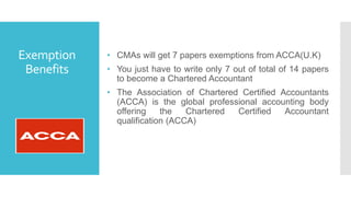 Exemption
Benefits
• CMAs will get 7 papers exemptions from ACCA(U.K)
• You just have to write only 7 out of total of 14 papers
to become a Chartered Accountant
• The Association of Chartered Certified Accountants
(ACCA) is the global professional accounting body
offering the Chartered Certified Accountant
qualification (ACCA)
 