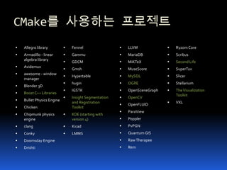 CMake를 사용하는 프로젝트Allegro libraryArmadillo - linear algebra libraryAvidemuxawesome - window managerBlender 3DBoost C++ LibrariesBullet Physics EngineChickenChipmunk physics engineclangConkyDoomsday EngineDrishtiFennelGammuGDCMGmshHypertablehuginIGSTKInsight Segmentation and Registration ToolkitKDE (starting with version 4)KicadLMMSLLVMMariaDBMiKTeXMuseScoreMySQLOGREOpenSceneGraphOpenCVOpenFLUIDParaViewPopplerPvPGNQuantum GISRaw TherapeeRemRyzom CoreScribusSecond LifeSuperTuxSlicerStellariumThe Visualization ToolkitVXL