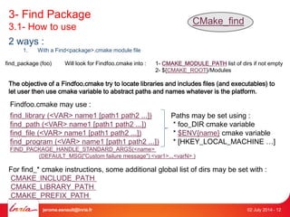 3- Find Package 
3.1- How to use 
CMake_find 
2 ways : 
1. With a Find<package>.cmake module file 
find_package (foo) Will look for Findfoo.cmake into : 1- CMAKE_MODULE_PATH list of dirs if not empty 
2- ${CMAKE_ROOT}/Modules 
The objective of a Findfoo.cmake try to locate libraries and includes files (and executables) to 
let user then use cmake variable to abstract paths and names whatever is the platform. 
Findfoo.cmake may use : 
find_library (<VAR> name1 [path1 path2 ...]) 
find_path (<VAR> name1 [path1 path2 ...]) 
find_file (<VAR> name1 [path1 path2 ...]) 
find_program (<VAR> name1 [path1 path2 ...]) 
FIND_PACKAGE_HANDLE_STANDARD_ARGS(<name> 
Paths may be set using : 
* foo_DIR cmake variable 
* $ENV{name} cmake variable 
* [HKEY_LOCAL_MACHINE …] 
(DEFAULT_MSG|"Custom failure message") <var1>...<varN> ) 
For find_* cmake instructions, some additional global list of dirs may be set with : 
CMAKE_INCLUDE_PATH 
CMAKE_LIBRARY_PATH 
CMAKE_PREFIX_PATH 
jerome.esnault@inria.fr 02 July 2014 - 12 
 