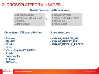 2- CROSSPLATEFORM USAGES 
Cmake [options] <path-to-source> 
$ cd projectName 
$ mkdir build && cd build 
$ cmake .. 
$ make install 
$ cd projectName 
$ mkdir build && cd build 
$ cmake-gui .. 
$ make install 
Generators / IDE compatibilities : 
• Borland 
• MinGW 
• Nmake 
• Unix 
• Visual Studio 6/7/8/9/10/11 
• Xcode 
• codeBlocks 
• Eclipse 
• QtCreator 
3 tree structures : 
• CMAKE_SOURCE_DIR 
• CMAKE_BINARY_DIR 
• CMAKE_INSTALL_PREFIX 
OR 
jerome.esnault@inria.fr 02 July 2014 - 5 
 