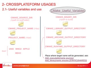 2- CROSSPLATEFORM USAGES 
2.1- Useful variables and use CMake_Useful_Variables 
CMAKE_SOURCE_DIR 
(=path to rootFolder) 
CMAKE_BINARY_DIR 
(=path to build) 
CMAKE_PROJECT_NAME (=foo) CMAKE_LIBRARY_OUTPUT_DIRECTORY 
CMAKE_ARCHIVE_OUTPUT_DIRECTORY 
CMAKE_RUNTIME_OUTPUT_DIRECTORY 
PROJECT_NAME (=bar) 
UNIX WIN32 APPLE 
MSVC 
jerome.esnault@inria.fr 02 July 2014 - 7 
bool 
Place where target name will be generated, see: 
Add_executable(name sources) 
Add_library(name srouces [STATIC|SHARED]) 
 
