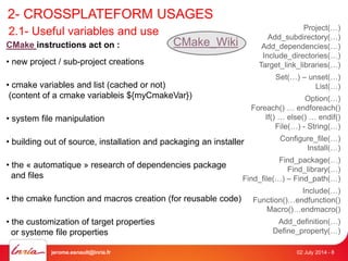 2- CROSSPLATEFORM USAGES 
2.1- Useful variables and use 
CMake instructions act on : 
• new project / sub-project creations 
CMake_Wiki 
• cmake variables and list (cached or not) 
(content of a cmake variableis ${myCmakeVar}) 
• system file manipulation 
• building out of source, installation and packaging an installer 
• the « automatique » research of dependencies package 
and files 
• the cmake function and macros creation (for reusable code) 
• the customization of target properties 
or systeme file properties 
Project(…) 
Add_subdirectory(…) 
Add_dependencies(…) 
Include_directories(…) 
Target_link_libraries(…) 
Set(…) – unset(…) 
List(…) 
Option(…) 
Foreach() … endforeach() 
If() … else() … endif() 
File(…) - String(…) 
Configure_file(…) 
Install(…) 
Find_package(…) 
Find_library(…) 
Find_file(…) – Find_path(…) 
Include(…) 
Function()…endfunction() 
Macro()…endmacro() 
Add_definition(…) 
Define_property(…) 
jerome.esnault@inria.fr 02 July 2014 - 8 
 