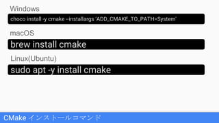 CMake インストールコマンド
choco install -y cmake --installargs 'ADD_CMAKE_TO_PATH=System'
sudo apt -y install cmake
brew install cmake
Windows
macOS
Linux(Ubuntu)
 