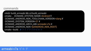armeabi-v7a ビルド
mkdir build_armeabi && cd build_armeabi
cmake .. -DCMAKE_SYSTEM_NAME=Android ¥
-DCMAKE_ANDROID_NDK_TOOLCHAIN_VERSION=clang ¥
-DCMAKE_SYSTEM_VERSION=21 ¥
-DCMAKE_ANDROID_ARCH_ABI=armeabi-v7a ¥
-DCMAKE_ANDROID_NDK=${ANDROID_NDK_ROOT}
cmake --build . # ライブラリのビルド
commands
 