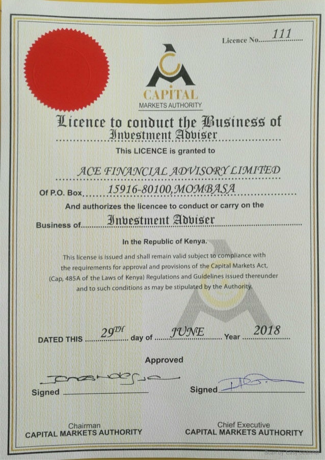 CMA Licence no 111 to Ace Financial Advisory Limited