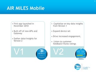 9
• First app launched in
November 2010
• Built off of new APIs and
Gateway
• Gather data/insights for
Version 2
V1
• Capitalize on key data insights
from Version 1
• Expand device set
• Drive increased engagement,
• Listen to customer
feedback/iTunes ratings
V2
AIR MILES Mobile
 