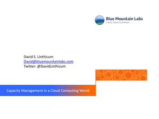David S. Linthicum
         David@bluemountainlabs.com
         Twitter: @DavidLinthicum




Capacity Management in a Cloud Computing World
 