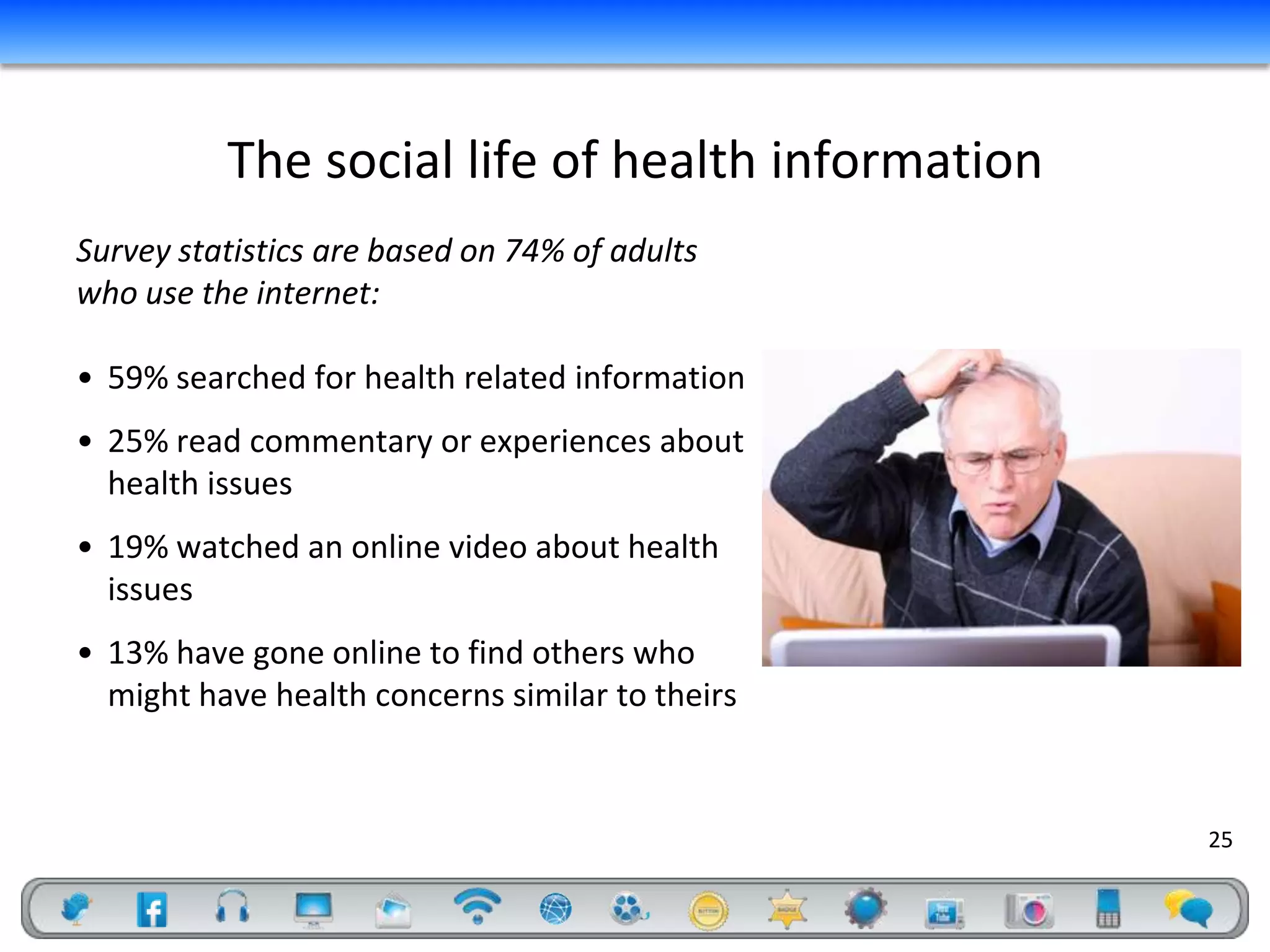 The social life of health information
Survey statistics are based on 74% of adults
who use the internet:

• 59% searched for health related information
• 25% read commentary or experiences about
  health issues
• 19% watched an online video about health
  issues
• 13% have gone online to find others who
  might have health concerns similar to theirs



                                                  25
 