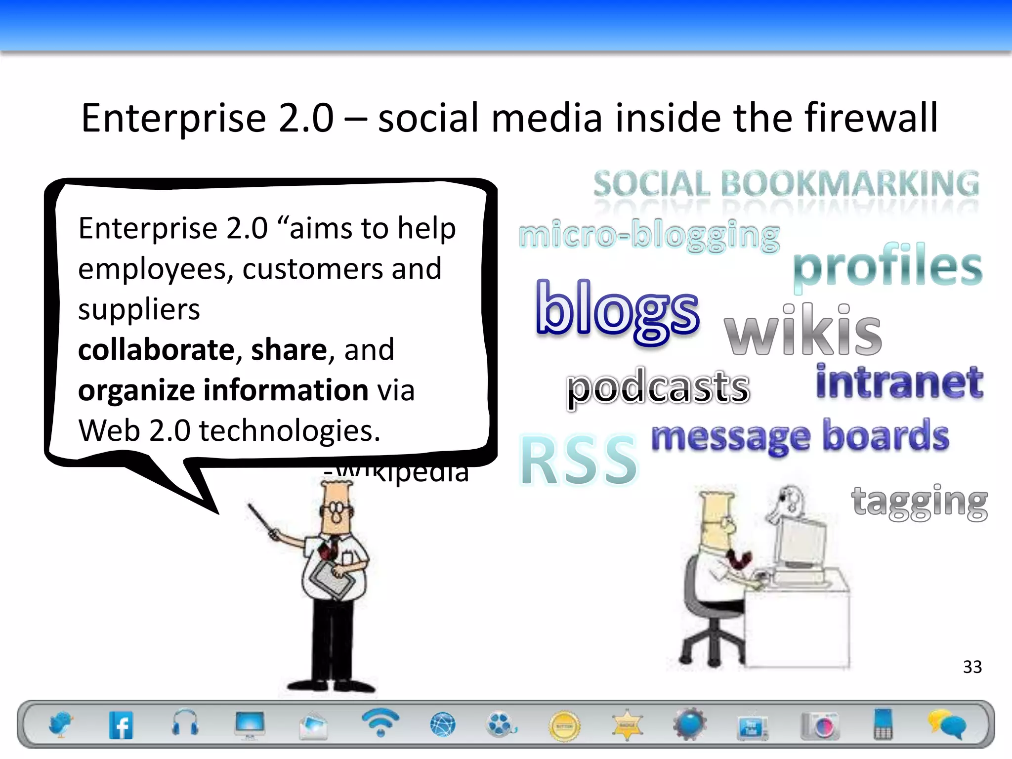Enterprise 2.0 – social media inside the firewall

Enterprise 2.0 “aims to help
employees, customers and
suppliers
collaborate, share, and
organize information via
Web 2.0 technologies.
                  -Wikipedia




                                                    33
 