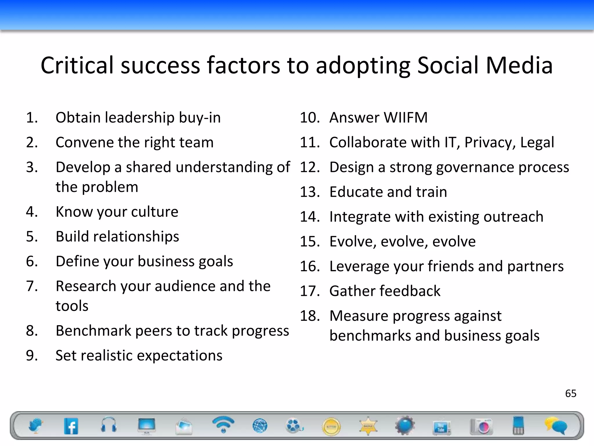 Critical success factors to adopting Social Media
1.    Obtain leadership buy-in            10.   Answer WIIFM
2.    Convene the right team              11.   Collaborate with IT, Privacy, Legal
3.    Develop a shared understanding of   12.   Design a strong governance process
      the problem                         13.   Educate and train
4.    Know your culture                   14.   Integrate with existing outreach
5.    Build relationships                 15.   Evolve, evolve, evolve
6.    Define your business goals          16.   Leverage your friends and partners
7.    Research your audience and the      17.   Gather feedback
      tools
                                          18.   Measure progress against
8.    Benchmark peers to track progress         benchmarks and business goals
9.    Set realistic expectations

                                                                                  65
 