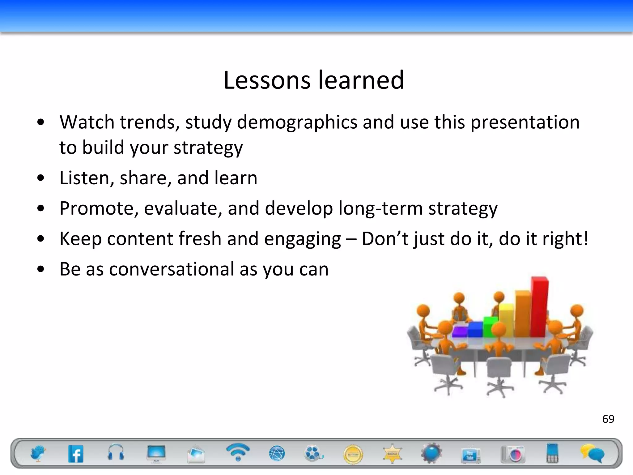 Lessons learned
• Watch trends, study demographics and use this presentation
  to build your strategy
• Listen, share, and learn
• Promote, evaluate, and develop long-term strategy
• Keep content fresh and engaging – Don’t just do it, do it right!
• Be as conversational as you can




                                                                     69
 