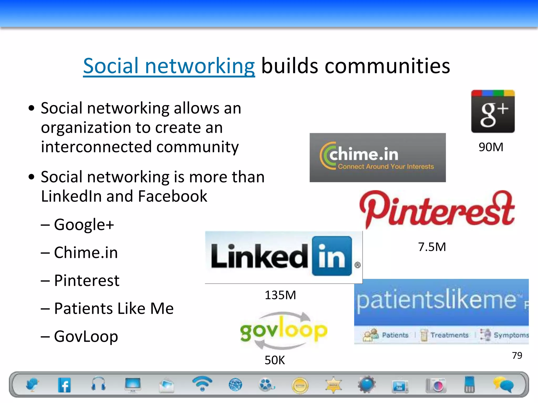 Social networking builds communities
• Social networking allows an
  organization to create an
  interconnected community                    90M

• Social networking is more than
  LinkedIn and Facebook
 – Google+
                                       7.5M
 – Chime.in
 – Pinterest
                                135M
 – Patients Like Me
 – GovLoop
                                                    79
                                50K
 