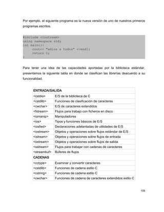 Por ejemplo, el siguiente programa es la nueva versión de uno de nuestros primeros
programas escritos.


#include <iostream>
using namespace std;
int main(){
     cout<< “adios a todos” <<endl;
     return 0;
}


Para tener una idea de las capacidades aportadas por la biblioteca estándar,
presentamos la siguiente tabla en donde se clasifican las librerías deacuerdo a su
funcionalidad.


       ENTRADA/SALIDA
       <cstdio>       E/S de la biblioteca de C
       <cstdlib>      Funciones de clasificación de caracteres
       <cwchar>       E/S de caracteres extendidos
       <fstream>      Flujos para trabajo con ficheros en disco
       <iomanip>      Manipuladores
       <ios>          Tipos y funciones básicos de E/S
       <iosfwd>       Declaraciones adelantadas de utilidades de E/S
       <iostream>     Objetos y operaciones sobre flujos estándar de E/S
       <istream>      Objetos y operaciones sobre flujos de entrada
       <ostream>      Objetos y operaciones sobre flujos de salida
       <sstream>      Flujos para trabajar con cadenas de caracteres
       <streambuf>    Búferes de flujos
       CADENAS
       <cctype>       Examinar y convertir caracteres
       <cstdlib>      Funciones de cadena estilo C
       <cstring>      Funciones de cadena estilo C
       <cwchar>       Funciones de cadena de caracteres extendidos estilo C


                                                                               109
 