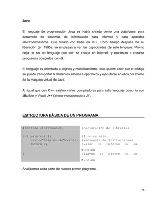 Java


El lenguaje de programación Java se había creado como una plataforma para
desarrollo   de   sistemas    de   información     para   Internet   y   para   aparatos
electrodomésticos. Fue creado con base en C++. Poco tiempo después de su
liberación (en 1995), se empiezan a ver las capacidades de este lenguaje. Pronto
deja de ser un lenguaje que sólo se usaba en Internet, y empiezan a crearse
programas completos con él.


El lenguaje es orientado a objetos y multiplataforma, esto quiere decir que el código
se puede transportar a diferentes sistemas operativos y ejecutarse en ellos por medio
de la maquina virtual de Java.


Al igual que con C++ existen varios compiladores para este lenguaje como lo son
JBuilder y Visual J++ (ahora evolucionado a J#).




ESTRUCTURA BÁSICA DE UN PROGRAMA


#include <iostream.h>                    }declaración de librerías

int main(void){               }función main
    cout<<”hola mundo”<<endl; }secuencia de instrucciones
    return 0;                 }valor   de   retorno   de   la 
                                         función
}                                        }llaves   de   cierre   de   la 
                                         función

Analicemos cada parte de nuestro primer programa.




                                                                                      15
 