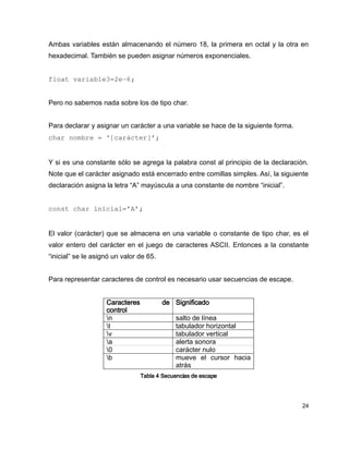 Ambas variables están almacenando el número 18, la primera en octal y la otra en
hexadecimal. También se pueden asignar números exponenciales.


float variable3=2e­6;


Pero no sabemos nada sobre los de tipo char.


Para declarar y asignar un carácter a una variable se hace de la siguiente forma.
char nombre = ‘[carácter]’;


Y si es una constante sólo se agrega la palabra const al principio de la declaración.
Note que el carácter asignado está encerrado entre comillas simples. Así, la siguiente
declaración asigna la letra “A” mayúscula a una constante de nombre “inicial”.


const char inicial=’A’;


El valor (carácter) que se almacena en una variable o constante de tipo char, es el
valor entero del carácter en el juego de caracteres ASCII. Entonces a la constante
“inicial” se le asignó un valor de 65.


Para representar caracteres de control es necesario usar secuencias de escape.


                    Caracteres           de Significado
                    control
                    n                       salto de línea
                    t                       tabulador horizontal
                    v                       tabulador vertical
                    a                       alerta sonora
                    0                       carácter nulo
                    b                       mueve el cursor hacia
                                             atrás
                                 Tabla 4 Secuencias de escape




                                                                                    24
 